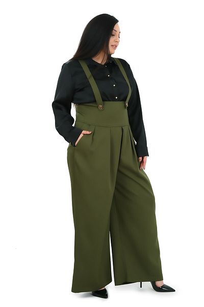 DISENTIS MODEST Large Size Wide Leg Khaki Trousers with Pleated Front Pockets and Straps and Button Detail