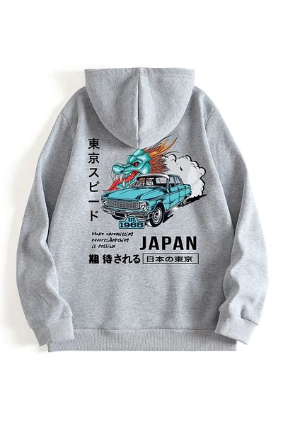 Mythologie Φούτερ με στάμπα Tokyo Dragon Japan Unisex Oversize γκρι κουκούλα καγκουρό με τσέπη