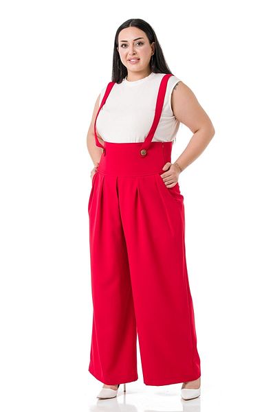 DISENTIS MODEST Large Size Front Pleated Pocket Strap Button Detailed Wide Leg Red Trousers