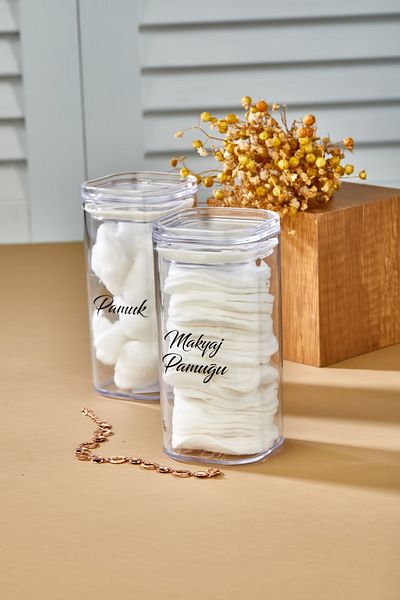FBZhome Pack of 2 Acrylic Transparent Labeled Cotton Makeup Cotton & Cotton 250ml