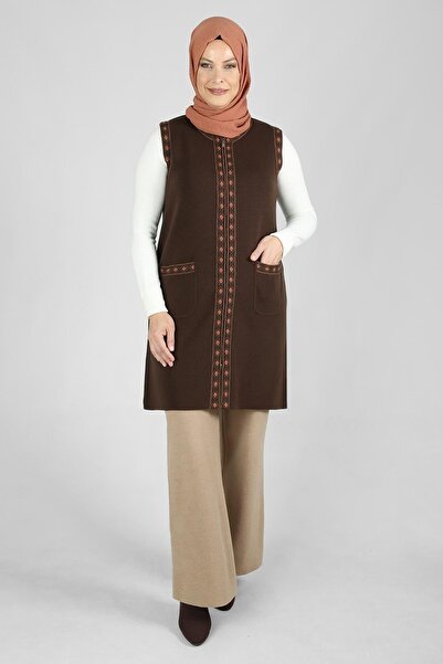 behrem Light Brown Plus Size Hijab Knitwear Vest 9504