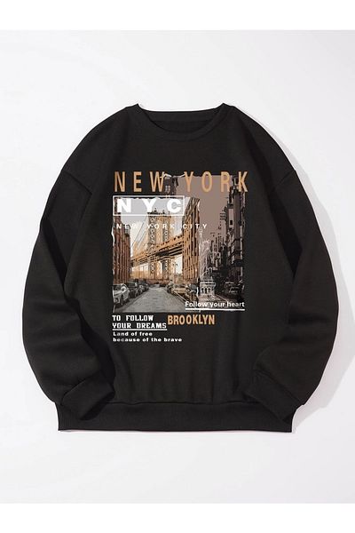 Mythologie New York Nyc Printed Unisex Oversize Μαύρο φούτερ με λαιμόκοψη