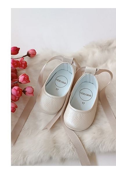 Hodore Fiore Genuine Leather Baby Ballerina Loafer Cream