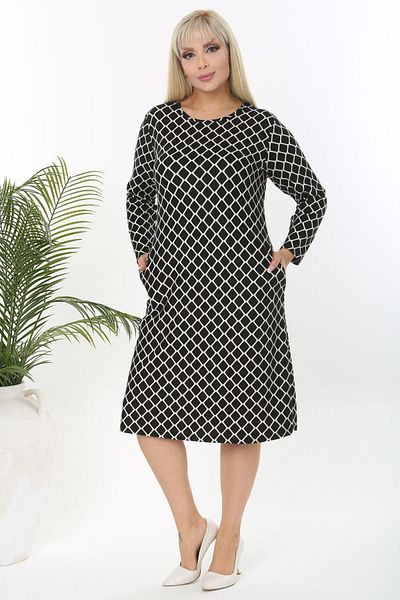 Mooi XXL Women's Black and White Symmetrical Pattern Pocket Detail Plus Size Flexible Suede Dress