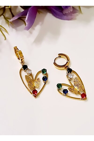 HOSBUTIK Gold Steel Design Colorful Jewelled Heart Earrings
