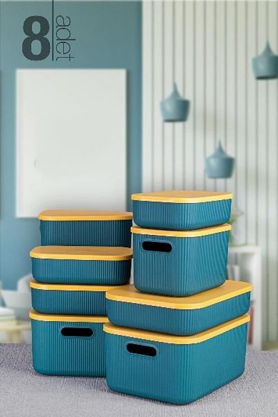 LİGROUND Scandinavian 8-Piece Multi-Purpose Storage Box with Green Lid - Organizer - Basket - Organizer Set