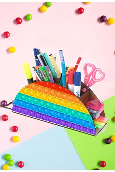 Notpa Ahşap Popit Gökkuşağı Cetvelli Masaüstü Kalemlik Kutu Çocuklar Için Organizer Gk70