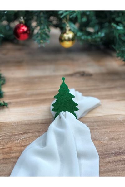Masalsı Concept Decorative Christmas Napkin Holder 6-Piece Green Christmas Tree Motif Felt Napkin Ring Napkin Ring
