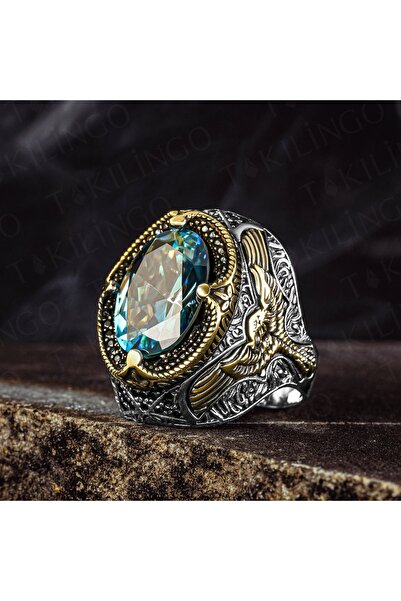 Takılingo 925 Ayar Gümüş Kartal Motifli Mavi Topaz Taşlı Erkek Yüzük