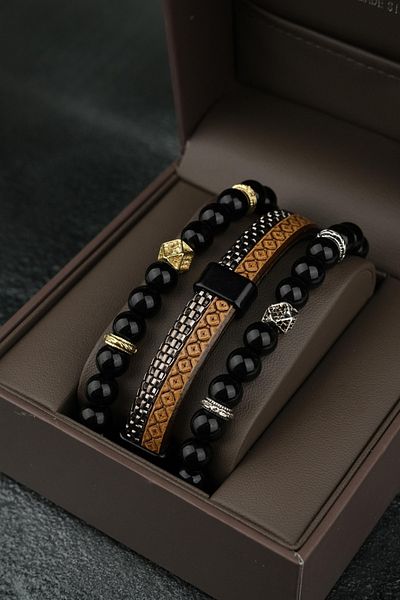 Jack Ferrero Men's Leather and Natural Stone Combination Bracelet Set 3 Pieces