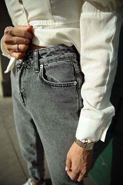 LİMABEL Women's High Waist Smoked Mom Jeans Lycra Mom Jeans Relaxed Cut Mom Jeans