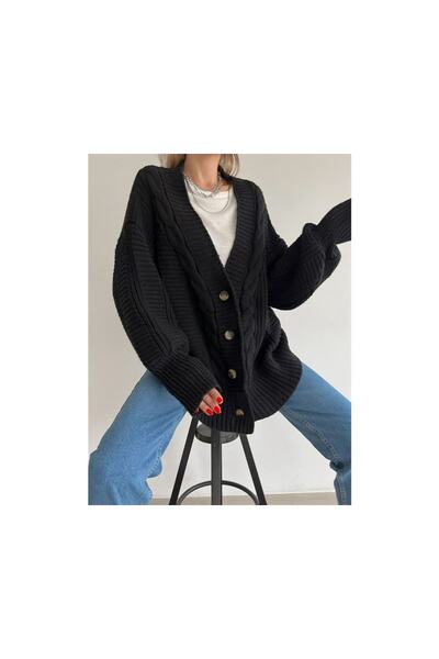 Nazenin Πλεκτή ζακέτα με μανίκια με μπαλόνι με πλέξη μαλλιών