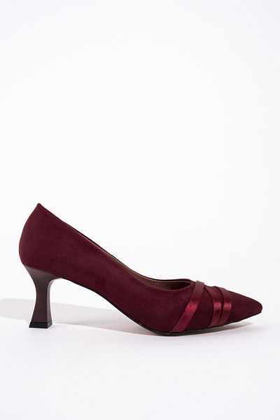 Modabuymus Pantofi scurti cu toc tip calice Sanger Burgundy din satin cu bandă