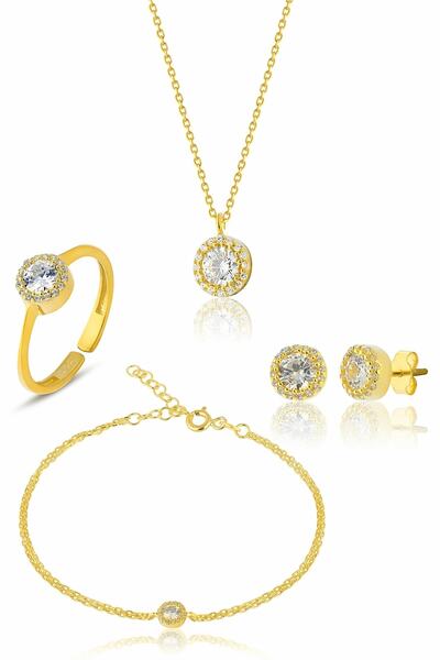 Zanaatsilver 925 Ayar Gümüş 14k Altın Kaplamalı Elmas Montürlü 4'li Set & Takım