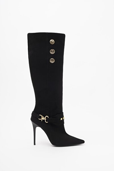 AYAKKABI PRENSİ Sherry Button and Accessory Detailed Black Suede 10 cm Women's Boots, Heeled Boots