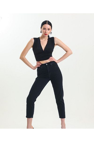 SHEVEGA Jet Black High Waist Mom Jean Jeans