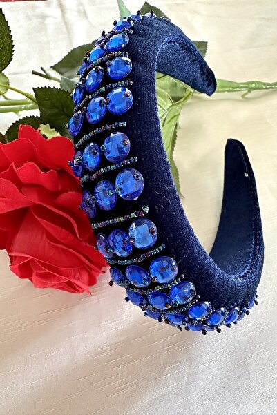 alsaccessories Mavi Kadife Taç Üzerinı Kristal Taşlı Ve Boncuk Işlemeli Şık S...