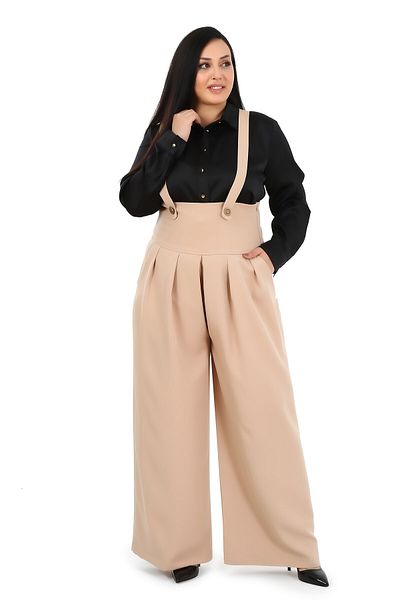 DISENTIS MODEST Large Size Pleated Front Pocket Strap Button Detailed Wide Leg Beige Trousers