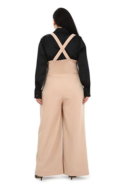 DISENTIS MODEST Large Size Pleated Front Pocket Strap Button Detailed Wide Leg Beige Trousers