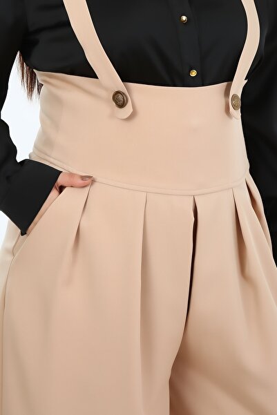 DISENTIS MODEST Large Size Pleated Front Pocket Strap Button Detailed Wide Leg Beige Trousers