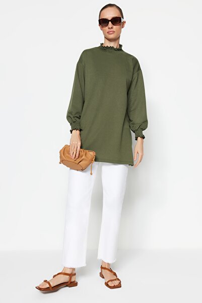 Trendyol Modest Khaki bavlnený golier a manžety detailne pletená tunika TCTSS...