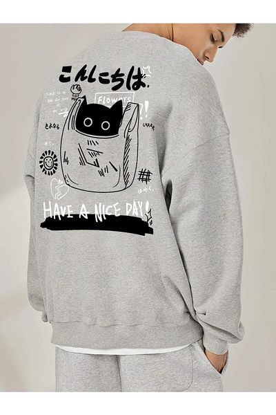 Mythologie Καλή σας μέρα! Φούτερ με στάμπα Unisex Oversize Grey Crew Neck
