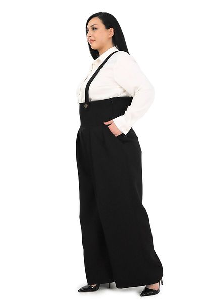 DISENTIS MODEST Large Size Front Pleated Pocket Strap Button Detailed Wide Leg Black Trousers