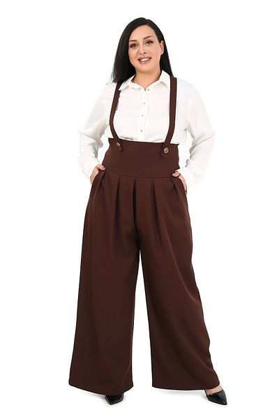 DISENTIS MODEST Plus Size Wide Leg Brown Trousers with Pleated Front Pockets and Straps and Button Detail