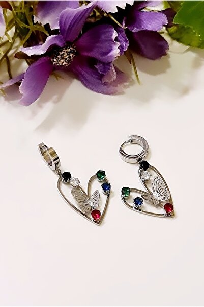 HOSBUTIK Silver Steel Design Colorful Jewelled Heart Earrings