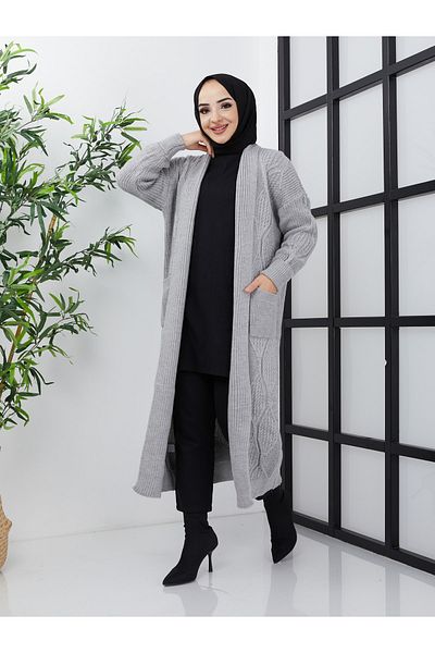 Pamuk Butik Γυναικεία Ζακέτα Πλεκτή με Γκρι Πλεκτό Μοτίβο Τσέπης