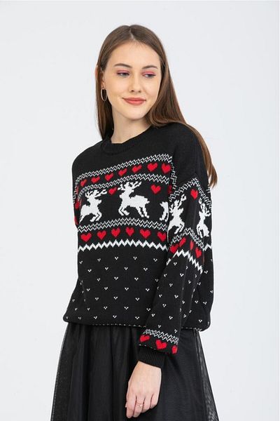 Su Moda Pulover de tricotaj pentru femei, unisex, de Anul Nou, cu inimă de Crăciun, cu tema cerbului