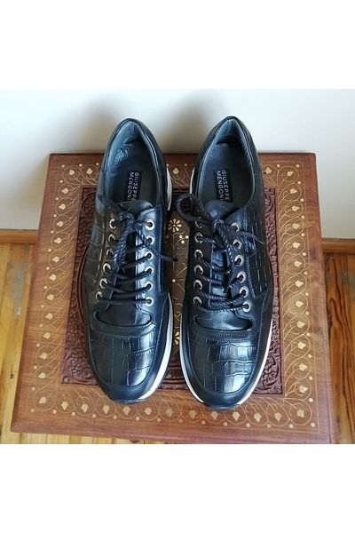 Giuseppe Mengoni Genuine Leather Black Crocodile Print Laced Thick Eva Sole Soft Shoes
