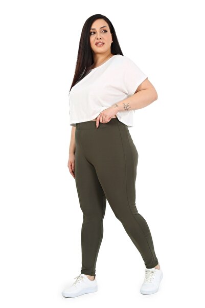 DISENTIS MODEST Plus Size Elastic Waist Ankle Length Paneled Khaki Leggings