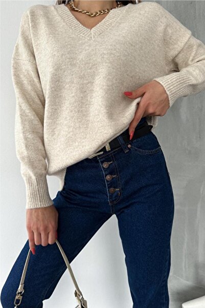 FEMELLE Women's Stone V-Neck Standard Size Oversize Basic Knitwear Sweater