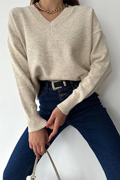 FEMELLE Women's Stone V-Neck Standard Size Oversize Basic Knitwear Sweater