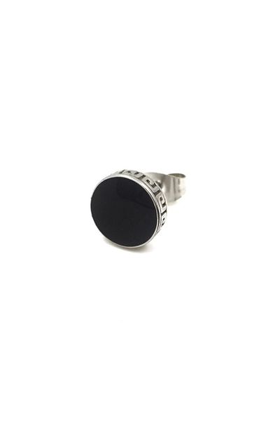 Chavin Men's Earrings - Grey Steel and Black Enamel, Greek Motif, Dy97by