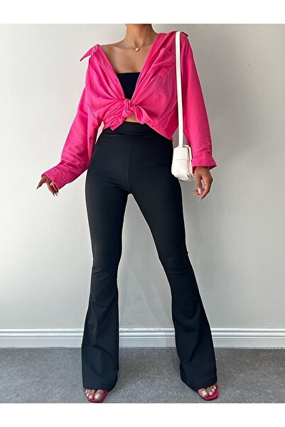 MB-MODA BİZİMLE Kadın Siyah Dalgıç Kumaş Ispanyol Paça Tayt