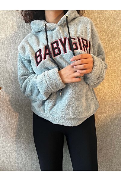 MET AND MARCH Bebek Mavisi Peluş Yumuşak Kapüşonlu Babygirl Baskılı Sweatshirt
