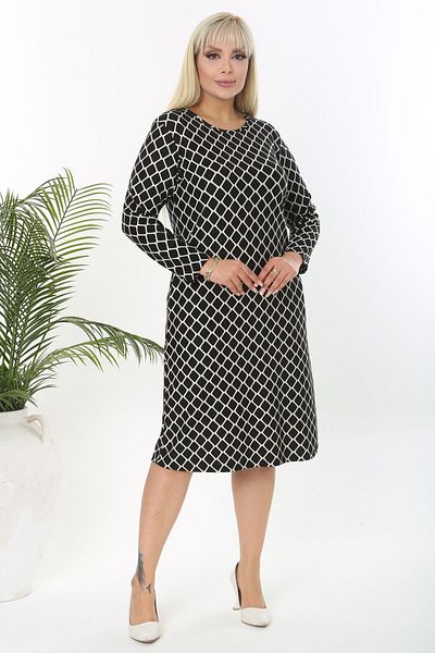Mooi XXL Women's Black and White Symmetrical Pattern Pocket Detail Plus Size Flexible Suede Dress
