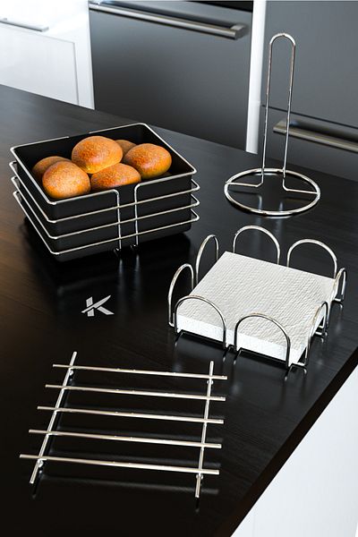 KARTEYA Stainless Silver Kitchen Service Presentation Set And Bread Rack Towel Holder Napkin Holder Trivet 4 Pieces