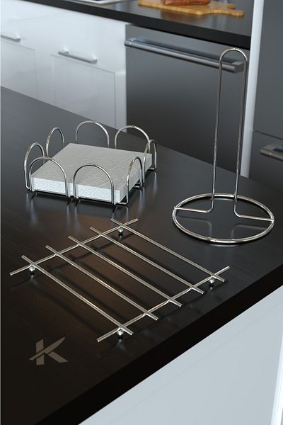 KARTEYA Stainless Silver Kitchen Service Presentation Set And Bread Rack Towel Holder Napkin Holder Trivet 4 Pieces