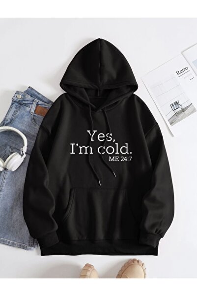 LOUİSA Hanorac negru cu imprimeu Oversize Yes I'm Cold