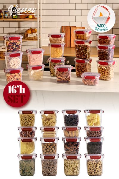 Vienev 16-Piece Master Sealed Deep Rectangular Storage Container Set 4x(2100,1000) 8x(1575) Red