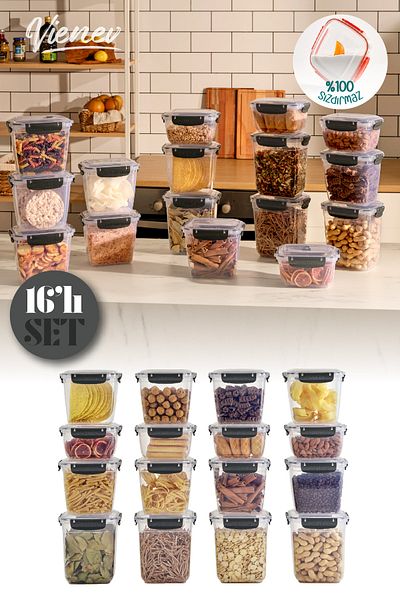 Vienev 16-Piece Master Sealed Deep Rectangular Storage Container Set 4x(2100,1000) 8x(1575) Anthracite