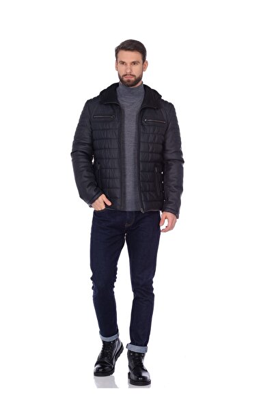 NEW VENTURE GIAN FERRE SOLID LEATHER Hakiki Deri Şişme Mont Lacivert