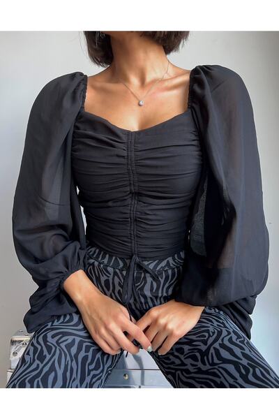 Anesa Butik Anesa Balon Uzun Kol Siyah Kadın Bluz