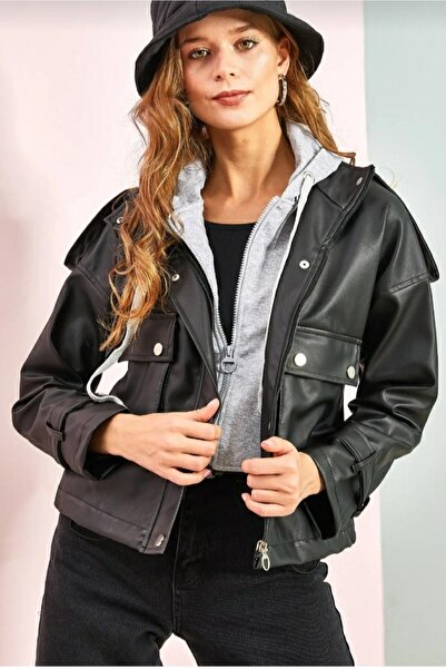 buqre's moda سترة جلدية رمادية مقنعين المرأة