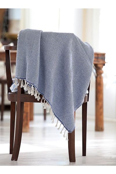 Barine Denim Colored Wool Herringbone Sofa Shawl - 120X170