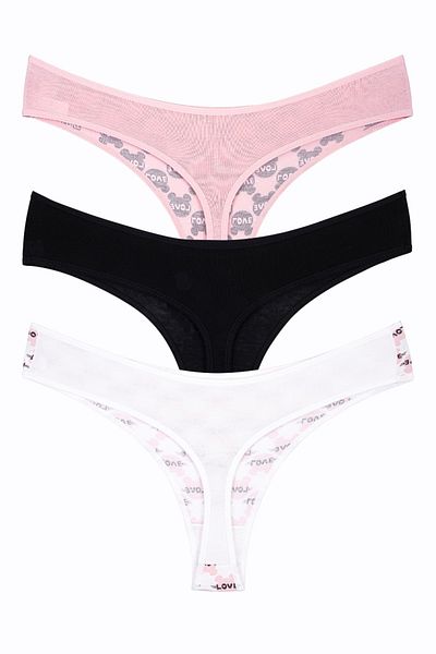Perita.Life Women's, Love, Cotton, Black-pink, 3-Piece Thong, String