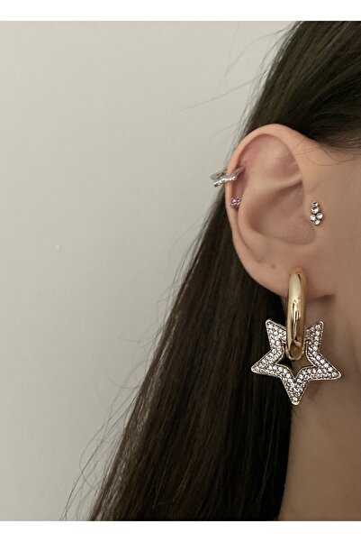 Okkostore Zirkon Taşlı Silver Yıldız Detaylı 2'li Küpe